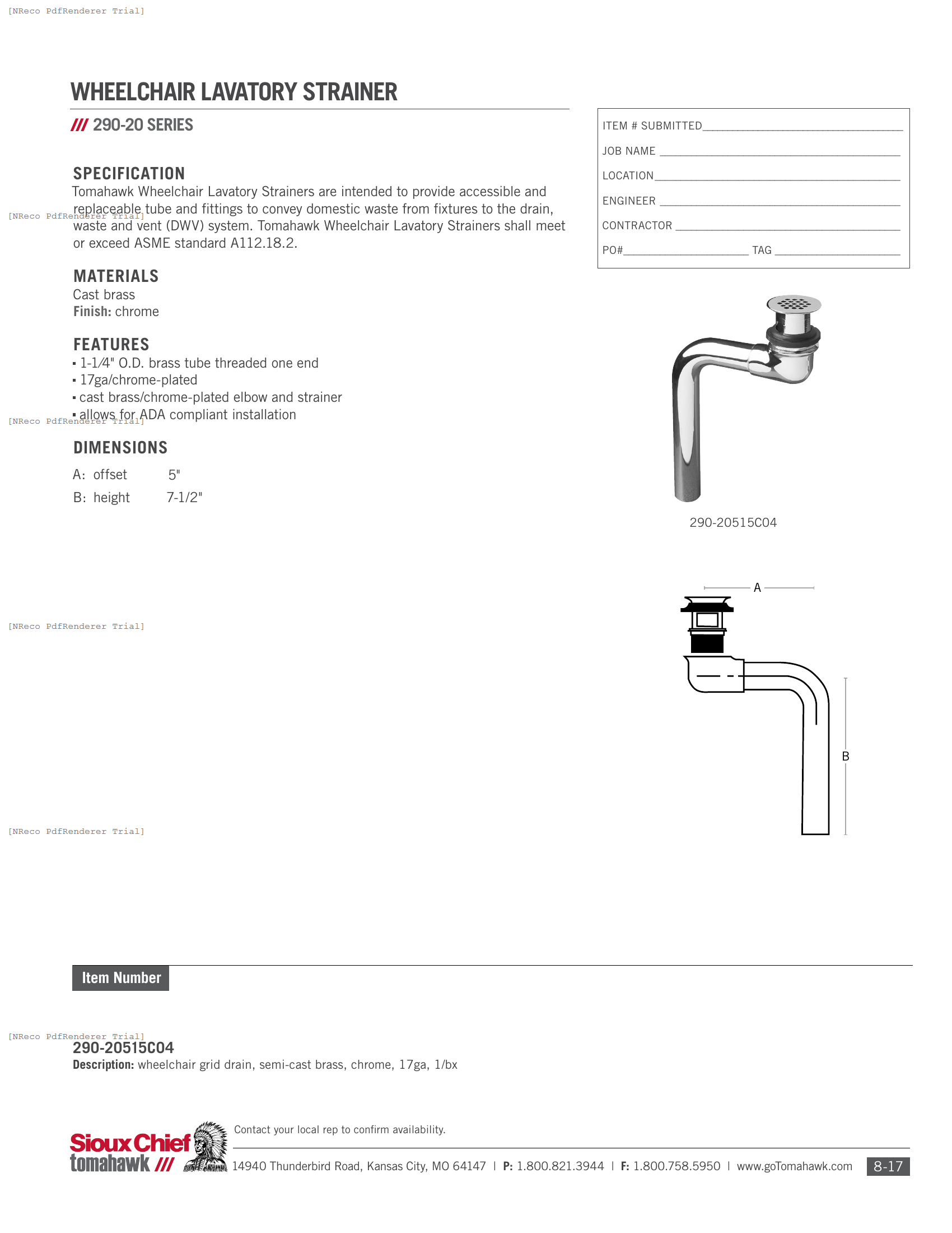 290 SERIES - WHEELCHAIR LAVATORY STRAINER - SPEC SHEET.PDF Specification Document
